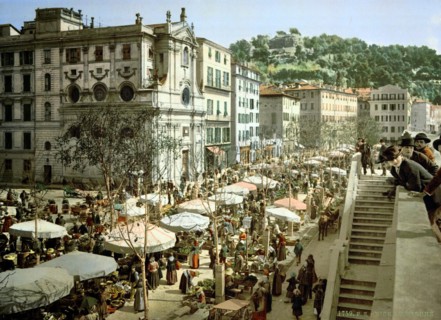 Colour photograph of the Market Place in Nice