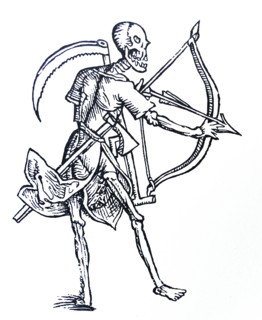 Mediaeval line drawing of death with a bow and scythe