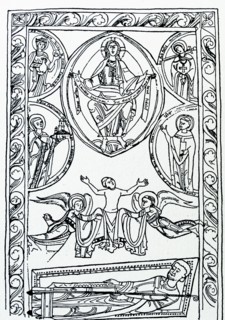 Line drawing of the Pious death of Abbot Lambert