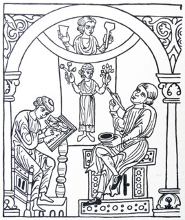 Line drawing of a mural painter painting