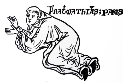 Line drawing of Frater Mathias Parisiensis kneeling in adoration
