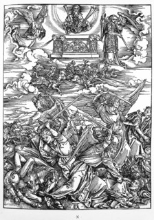 Woodcut by Albrecht Durer; The Battle of the Angels (Four avenging Angels of the Euphrates). The Revelation of Saint John (Apocalypse, VII. Figure).