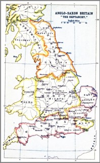 Map showing the Heptarchy (from the Greek hepta, seven). The name applied to the Anglo-Saxon kingdoms of south, east, and central England