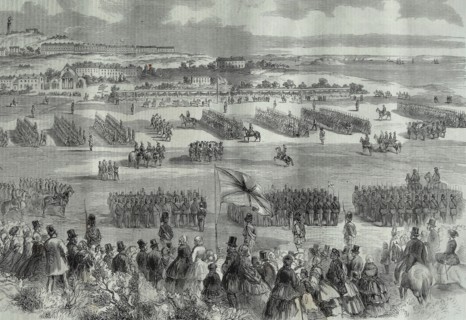 A military review of British soldiers in Scotland, at Edinburgh attended by Queen Victoria 1860