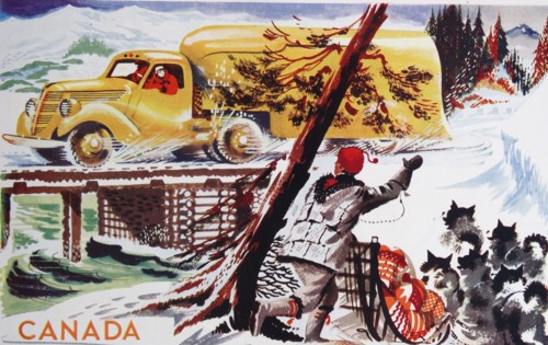Colour illustration depicting a semi-permanent timber bridge over one of the rivers along the North Western Highway