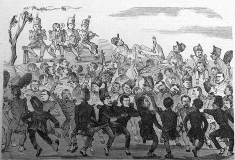 Illustration of French soldiers dancing to music being played by the military musicians
