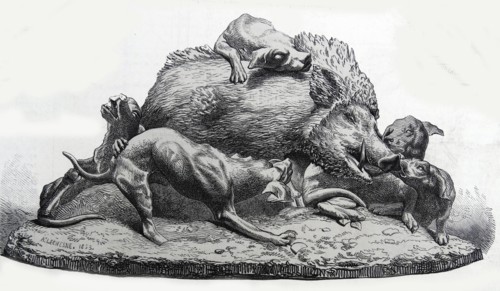 Illustration depicting statue a hog being attacked by dogs
