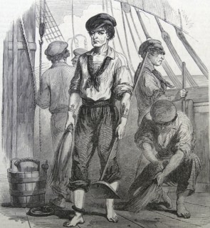 Illustration depicting convicts performing chores aboard the transport ship