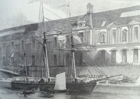 Illustration of a three-mast Goëllette boat by the Port of Saint Nicholas in Paris