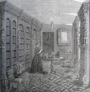 Illustration of a wealthy woman reading a book in her library