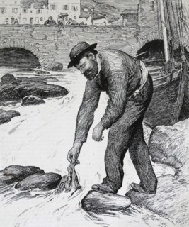 Illustration from a book depicting a fisherman plucking something from the stream