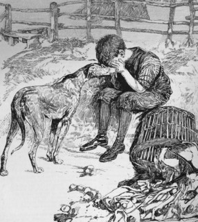 Illustration from a book depicting a young orphan boy and stray dog