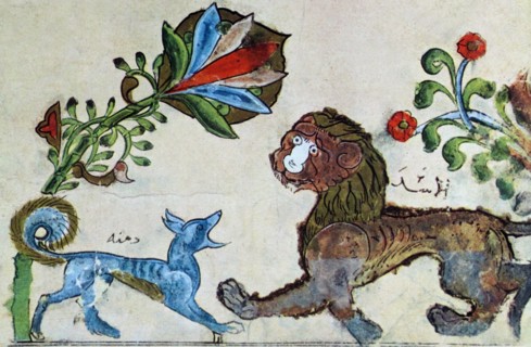 Arab illustration of theJackal Dimnah and the lion Pingalaka; at the lake, is one of the Panchatantra