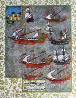 Early 17th Century Ottoman Illustration: Captain Ali Pasha defeated 13 enemy ships with a Galleon