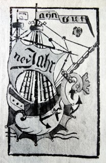 A ship is depicted on a new year's woodcut from Basel 1460