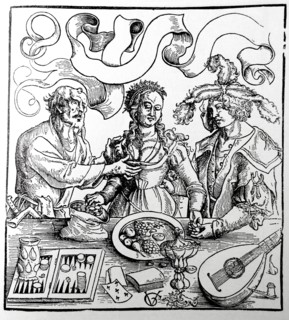 Venal Love' Young Woman with an Old Man and a Youth, by Urs Graf, ca.1511