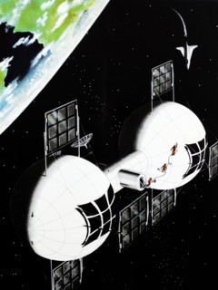 A futuristic view of how a space station might be constructed 1948