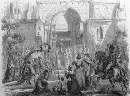 Illustration depicting the dragon worshiping the holy statue of Saint Martha