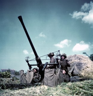 World War Two: Canadian soldiers manning a 40-mm Bofors anti-aircraft gun