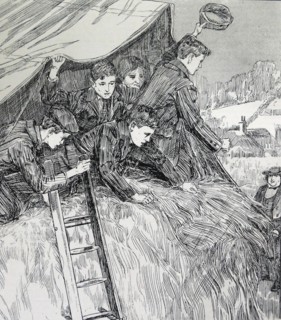 Illustration from a book depicting young boys popping out of their shelter to say hello to a passing woman