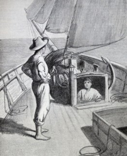 Illustration from a book depicting a young man standing on the deck whilst being watched by a young boy