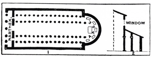 Illustration from a book depicting a basic plan for a typical Basilica and a semi-circular window