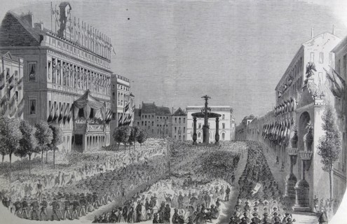 Engraving depicting a large crowd outside of the Palace of Valenciennes, France