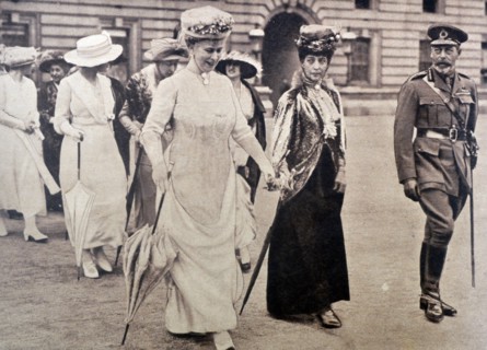 Photograph of the King George V and Queen Mary of Teck, walking with Queen Alexandra