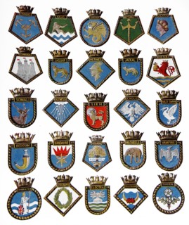 A badge for each of the 25 types of ships of the Royal Navy lost on war service.