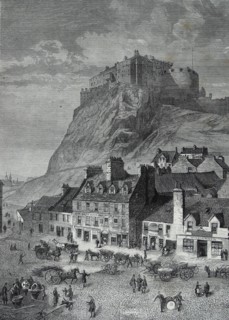 Edinburgh Castle, Scotland, from the corn exchange, in the grass market.
