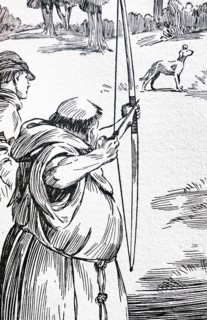 Illustration of a friar hunting with a bow and arrow