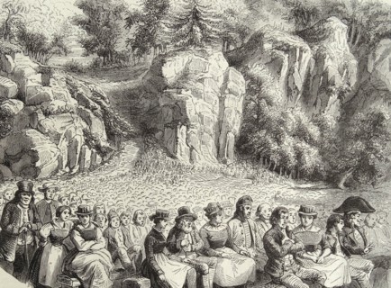 crowded audience at an open air preformance at Stalden. Zermatt valley, switzerland. 1860
