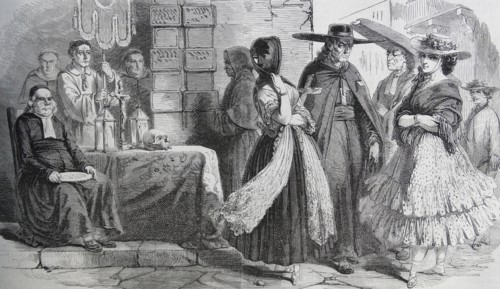 Scene at the door of a convent in Peru 1850.