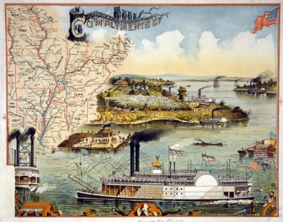Steamboats on river with scenes of African-Americans picking cotton
