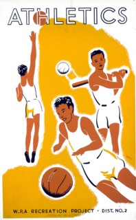 Poster showing youths playing basketball, baseball, and volleyball