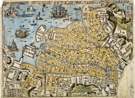 Map of Nagasaki. Published: Japan 1801 of Kyowa era. print on hosho paper : woodcut Japanese print shows map of harbor area of Nagasaki.