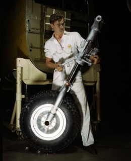 World War two: A nose wheel and landing gear assembly for a B-25 bomber under construction