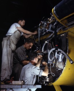 wiring assemblies at a junction box on the fire wall for the right engine of a B-25 bomber