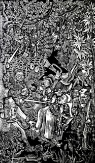 Woodcut depicting a duel by Elisabeth Hirn