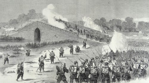 Engraving depicting the French attack on the Bridge Pa-Li-Chian