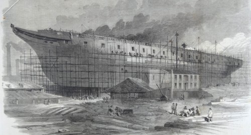 Engraving depicting the construction of a large ship