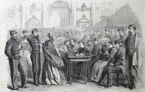 Engraving depicting the presentation of medals to Garibaldi's Veterans