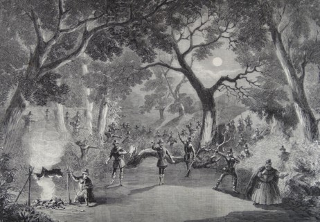 Engraving depicting a scene from the opera 'Robin Hood' at Her Majesty's Theatre