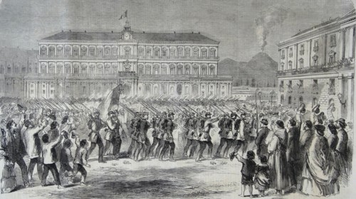 Engraving depicting the British Brigade Marching in the Largo