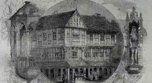 Engraving depicting a Tudor house and shop