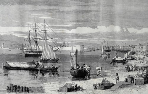 Engraving depicting people unloading their chattels at Messina