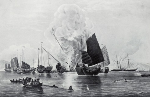 Aquatint of the East India Company's steamship Nemesis destroying Chinese War Junks at Chuenpee