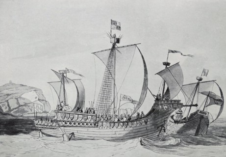 Aquatint of an early 15th Century fighting ship