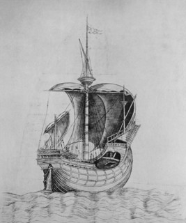 Line engraving of a 15th Century merchant ship