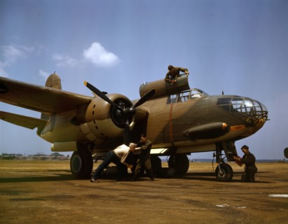 Colour photograph of the servicing of an A-20 bomber
